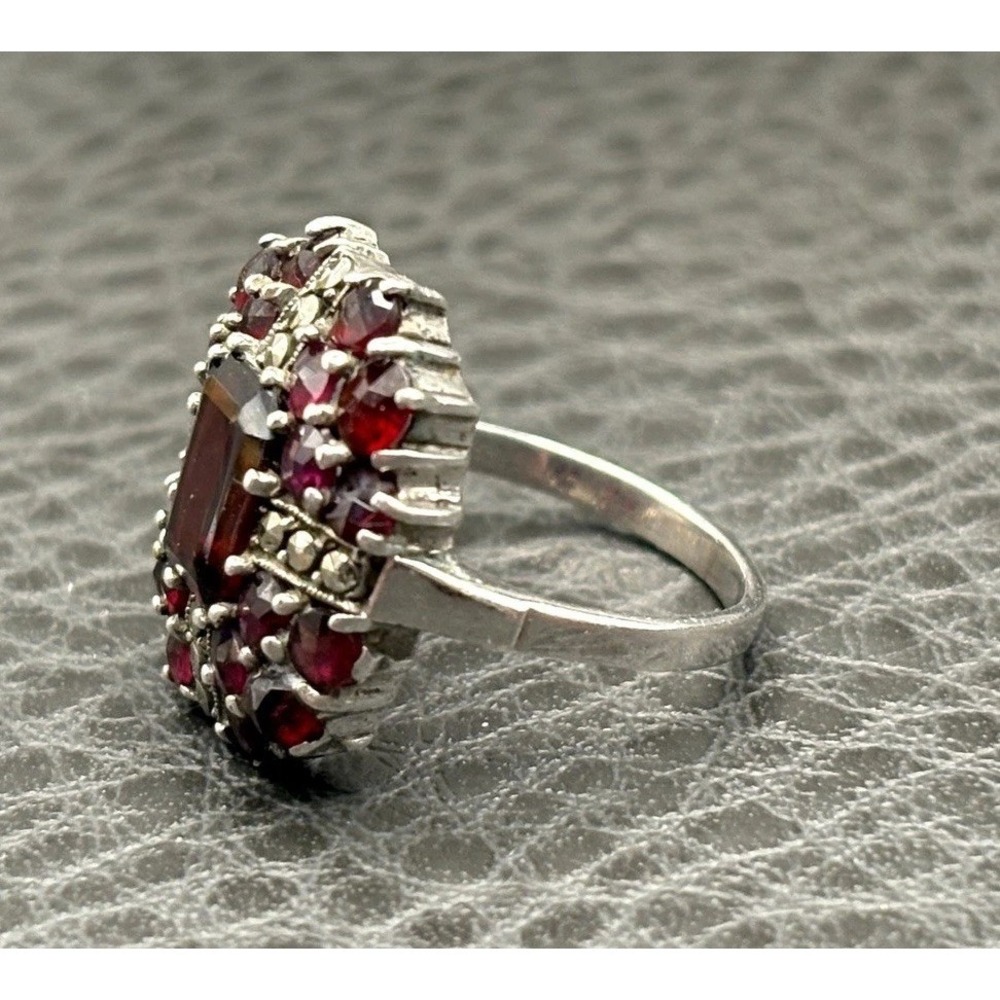 Vintage Art Deco Era Bohemian Garnet Marcasite Sterling Silver Ring Size 5.5 - Picture 8 of 13